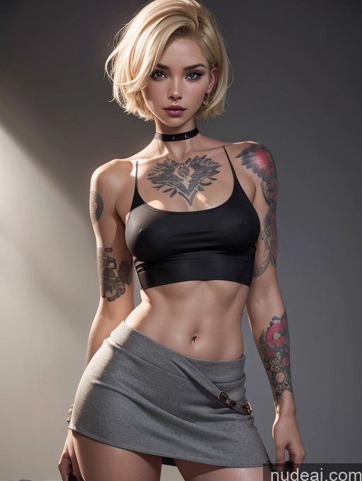 ai nude image of arafed woman with tattoos and a skirt posing for a picture pics of One Small Tits Skinny 20s Seductive Blonde Short Hair Latina Skin Detail (beta) Tattoos Woman Tribal Thigh Socks Crop Top Micro Skirt