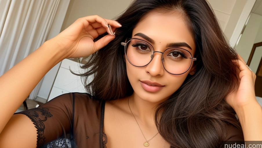 ai nude image of there is a woman wearing glasses and a black top pics of Model One Small Tits Beautiful Glasses Perfect Body 20s Detailed Sexy Face Sexy Attire Temptation Thin Round Glasses Indian