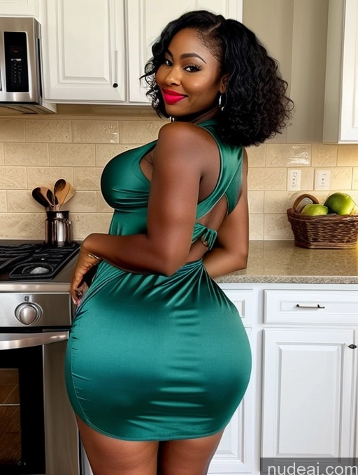 ai nude image of a close up of a woman in a green dress standing in a kitchen pics of Busty Beautiful Lipstick Thick Big Hips Short Pubic Hair Black Hair African Big Ass Round Ass Milf Kitchen Dress