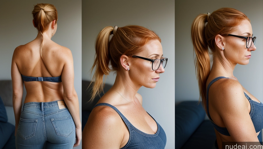 ai nude image of there are three pictures of a woman with glasses and a blue top pics of Woman Small Tits Thick Glasses Big Ass Short 40s Serious Blonde Ponytail Irish Back View Jeans