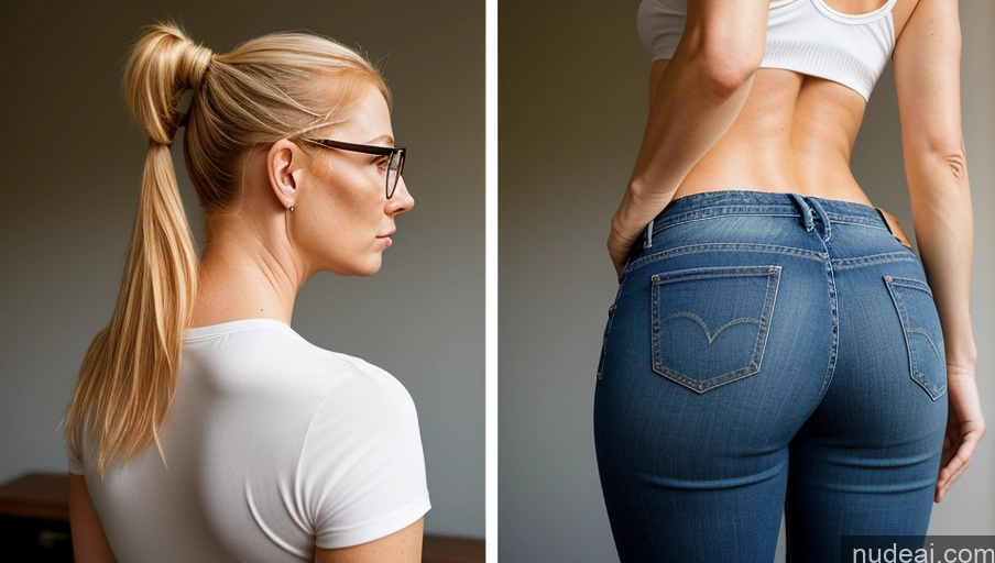 ai nude image of arafed woman with a white shirt and jeans and a white shirt pics of Woman Small Tits Glasses Big Ass Short 40s Serious Blonde Ponytail Irish Back View Jeans