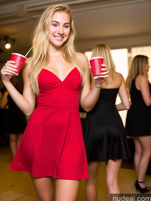 ai nude image of blond woman in red dress holding two red cups in front of her pics of 18 Blonde Slicked Party Dress White