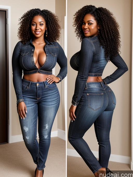 ai nude image of arafed woman in a denim jacket and jeans posing for a picture pics of Woman One Perfect Boobs Big Ass 20s Brunette Black Perfect Body Curly Hair Detailed Jeans