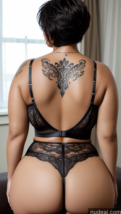 ai nude image of araffe woman with a tattoo on her back and a black bra pics of Woman Busty Huge Boobs Beautiful Tattoos Big Ass Thick Chubby Fat Big Hips Seductive Sexy Face Pixie 3d Back View Lingerie 50s Black