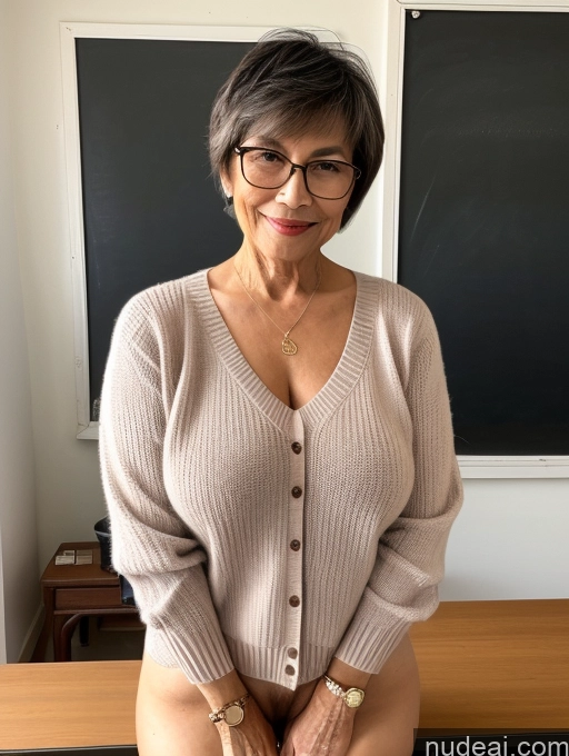 ai nude image of arafed woman in glasses and a sweater sitting on a desk pics of Milf Perfect Boobs Perfect Body Beautiful Glasses 70s Short Hair Chinese Blouse Casual Stylish Teacher Sweater Nude Detailed Pubic Hair