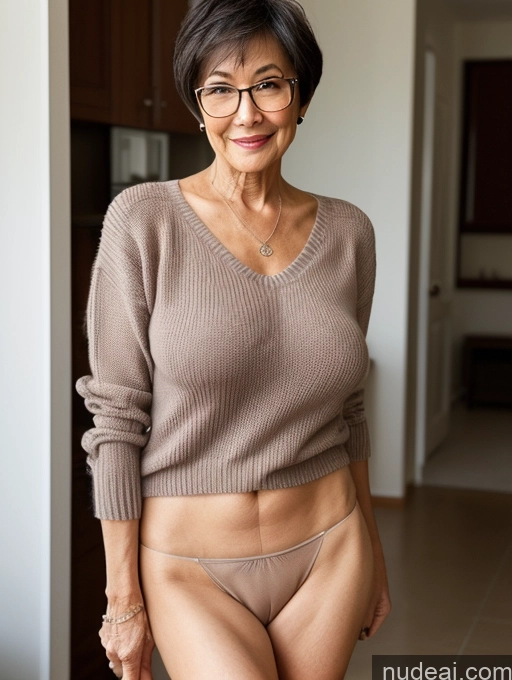 ai nude image of arafed woman in glasses and a sweater posing for a picture pics of Milf Perfect Boobs Perfect Body Beautiful Glasses 70s Short Hair Chinese Blouse Casual Stylish Teacher Sweater Nude Detailed Pubic Hair Partially Nude