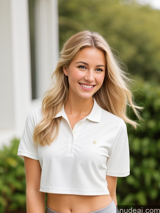 ai nude image of blonde woman in white shirt and grey shorts posing for a picture pics of One Small Tits Beautiful Happy 18 French Blonde Ponytail Film Photo Polo Shirt Yoga Pants Doctor