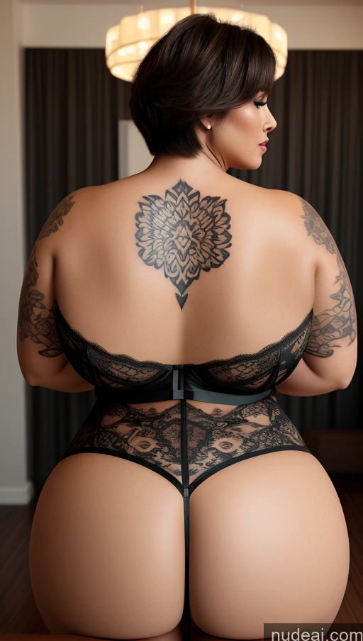 ai nude image of arafed woman with a tattoo on her back and a black lingerie pics of Woman Busty Huge Boobs Beautiful Tattoos Big Ass Thick Chubby Fat Big Hips Seductive Sexy Face Pixie 3d Back View Lingerie 50s Indonesian