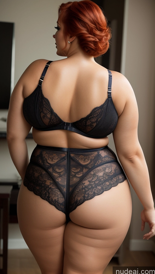 ai nude image of araffe woman in a black lingerie and black panties pics of Woman Busty Huge Boobs Beautiful Tattoos Big Ass Thick Chubby Fat Big Hips Seductive Sexy Face Pixie 3d Back View Lingerie 50s Irish