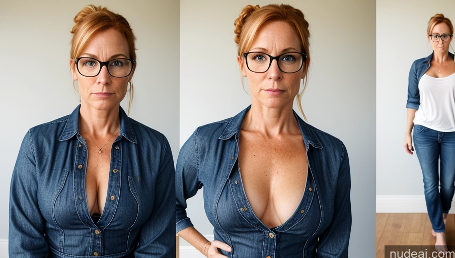 ai nude image of arafed woman with glasses and a denim shirt posing for a picture pics of Woman Glasses Small Tits 50s Serious Blonde Ponytail Irish Jeans Short Several Big Hips