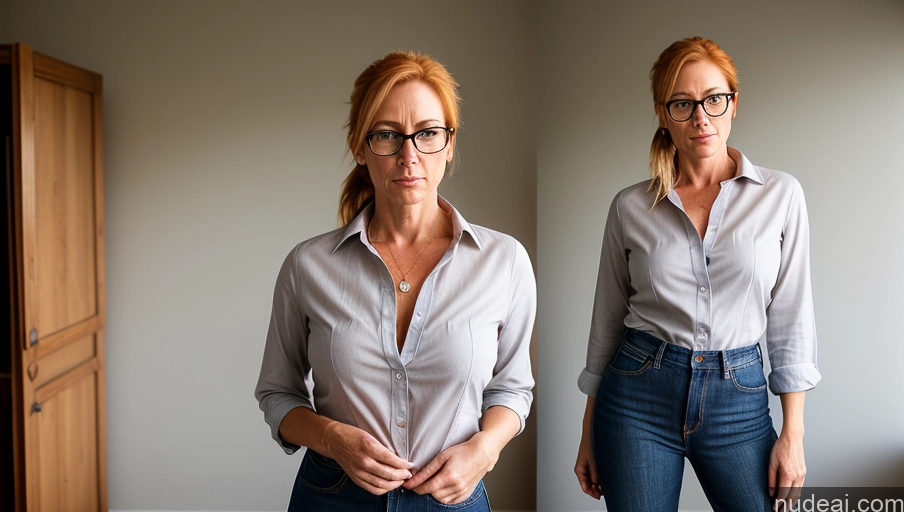 ai nude image of there are two women standing in a room with a mirror pics of Woman Glasses Small Tits 50s Serious Blonde Ponytail Irish Jeans Short Big Hips One Shirt