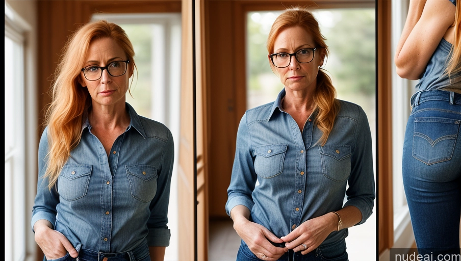 ai nude image of arafed woman in a blue shirt and jeans looking at herself in a mirror pics of Woman Glasses Small Tits 50s Serious Blonde Ponytail Irish Jeans Short Big Hips One Shirt