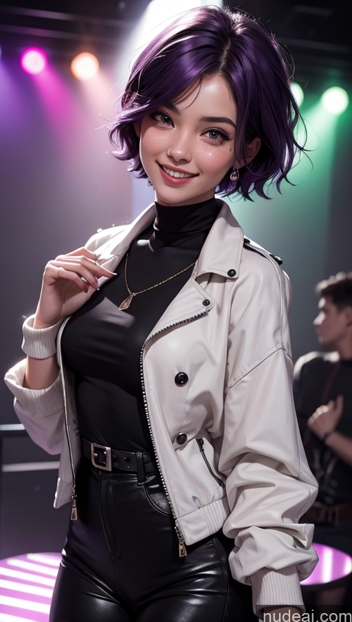 ai nude image of araffe woman in a black top and leather pants posing for a picture pics of 18 Happy Club Dress Egyptian Jacket Short Hair Purple Hair