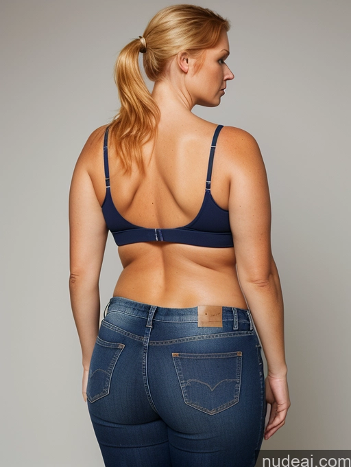 ai nude image of arafed woman in a blue bra top and jeans standing in front of a white wall pics of Woman One Small Tits Chubby Short 50s Serious Blonde Ponytail Irish Jeans Back View