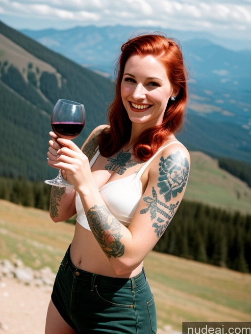 ai nude image of there is a woman holding a glass of wine in her hand pics of Woman Beautiful Tattoos Fairer Skin 30s Happy Ginger Vintage Mountains Military Wine