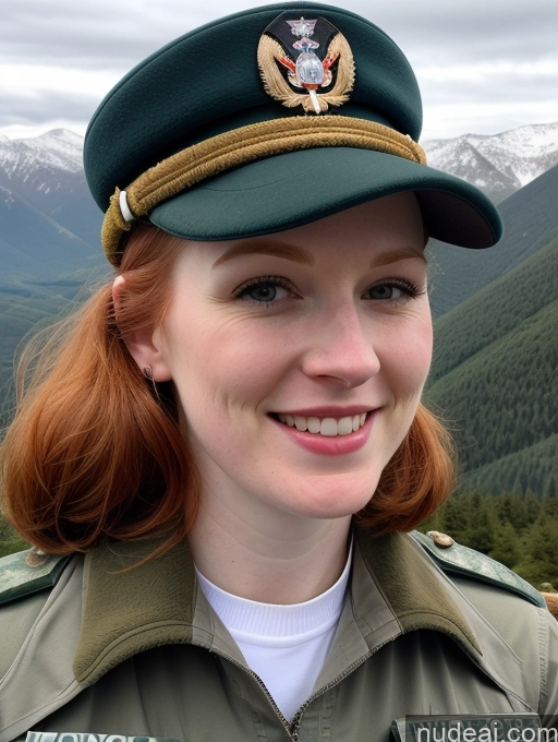 ai nude image of smiling woman in uniform with mountains in the background pics of Fairer Skin 30s Happy Ginger Mountains Military