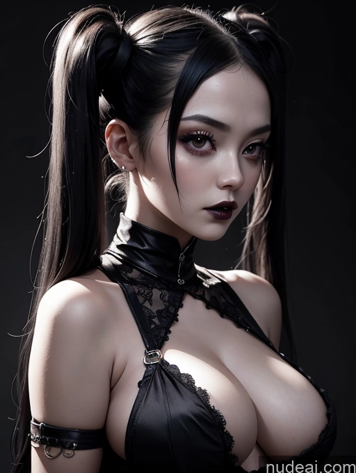 ai nude image of arafed woman with a black top and black hair posing for a picture pics of Chinese Goth Short Busty Serious Seductive Pigtails Front View