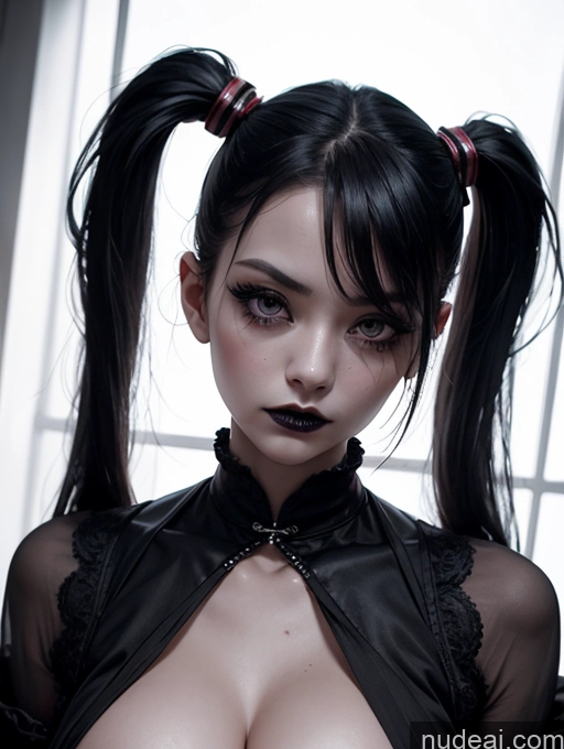 ai nude image of there is a woman with a ponytail and a black top pics of Chinese Goth Short Busty Serious Seductive Pigtails