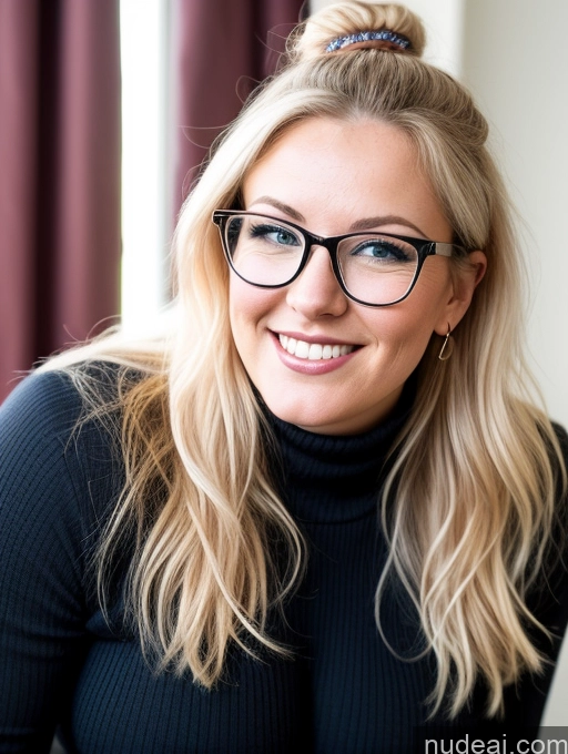 ai nude image of blond woman with glasses and a black turtleneck sweater smiling pics of Goth Short Seductive Boots Happy Chubby Busty Pubic Hair Scandinavian Glasses Hair Bun