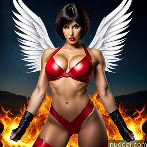 ai nude image of a woman in a red bikini and angel wings posing for a picture pics of Muscular Perfect Body Short Hair 30s Angel Cosplay Partially Nude Science Fiction Style Israel Superheroine Powering Up Heat Vision Dynamic View Portuguese Perfect Boobs Ahegao Sexy Face Hell Devil