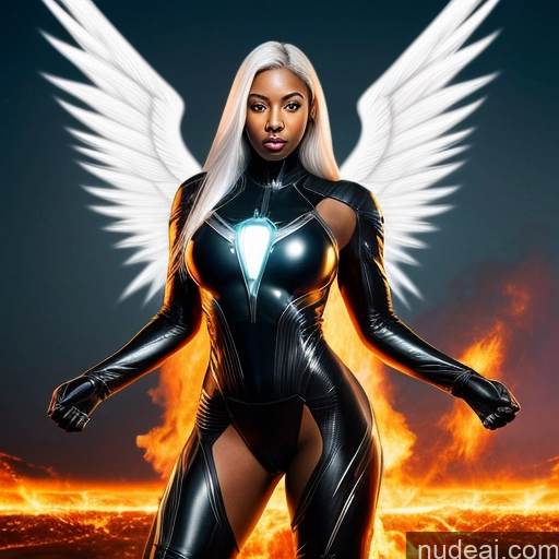 ai nude image of there is a woman in a black suit with wings on her body pics of Muscular Perfect Body 30s Angel Science Fiction Style Israel Superheroine Powering Up Heat Vision Dynamic View Perfect Boobs Ahegao Sexy Face Hell Laughing White Hair African Mech Suit Transparent Straight