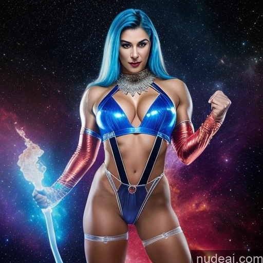 ai nude image of a woman in a blue outfit holding a sword and a sword pics of Muscular Perfect Body 30s Science Fiction Style Superheroine Powering Up Heat Vision Dynamic View Perfect Boobs Ahegao Sexy Face Hell Laughing Transparent Middle Eastern Space Suit Diamond Jewelry Slicked Blue Hair Suspender Belt Abs Small Tits