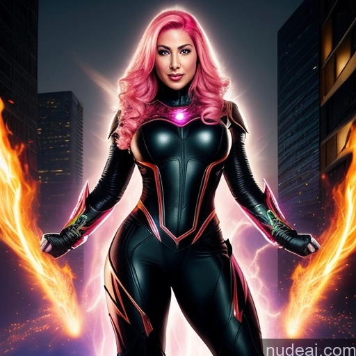 ai nude image of a woman in a black suit with pink hair and a pink hair pics of Muscular Perfect Body 30s Science Fiction Style Powering Up Heat Vision Dynamic View Perfect Boobs Ahegao Sexy Face Hell Laughing Middle Eastern Slicked Small Tits Abs Happy Sci-fi Armor Salwar Superheroine Several Pink Hair