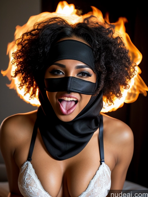 ai nude image of arafed woman with a black mask and a black scarf on pics of Lingerie Model One 30s Abs Laughing Ahegao Sexy Face White Hair Messy Black Hell Close-up View Niqab