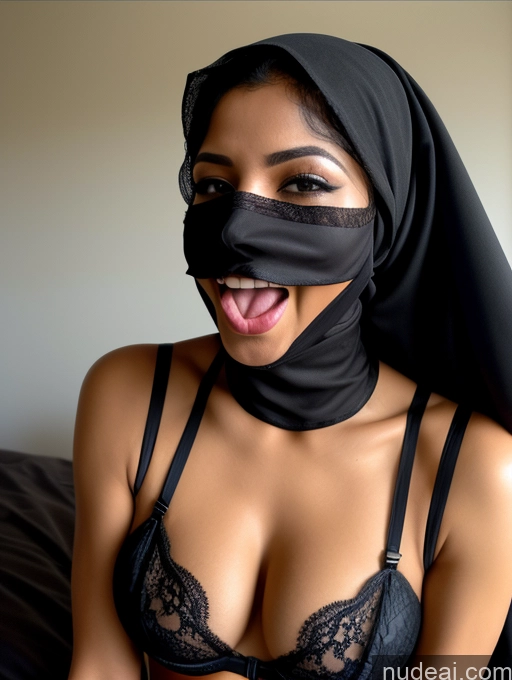 ai nude image of araffe woman with a black scarf covering her face and mouth pics of Lingerie Model One 30s Abs Laughing Ahegao Sexy Face White Hair Messy Black Hell Close-up View Niqab