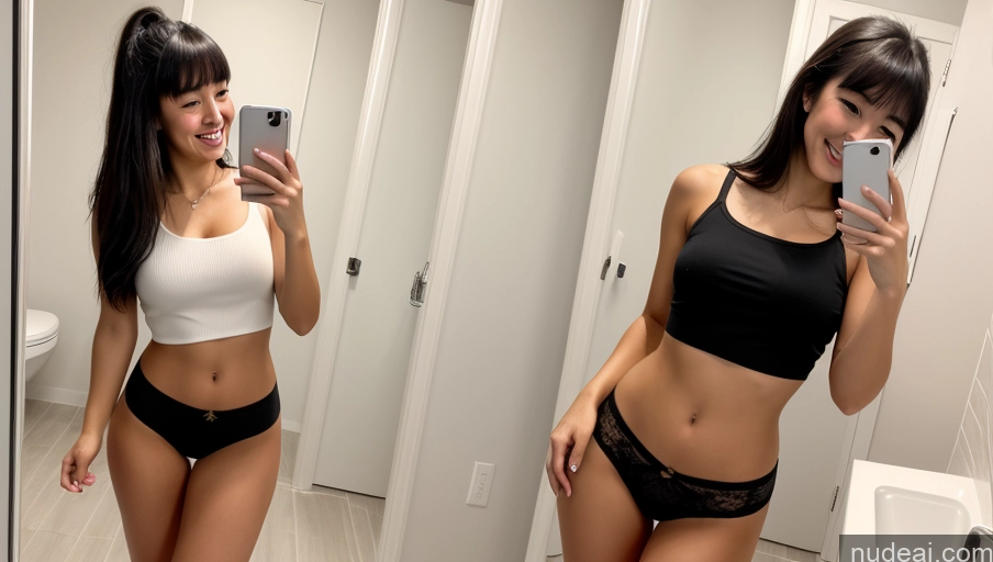 related ai porn images free for Woman Beautiful Perfect Body 18 Happy Black Hair Bangs Japanese Mirror Selfie Bathroom Front View Casual Crop Top Panties