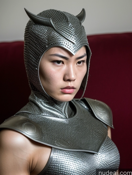 ai nude image of arafed woman in a helmet and armor poses for a picture pics of Athlete Perfect Boobs 18 Serious Angry Bangs Chinese Skin Detail (beta) Couch Detailed Fantasy Armor