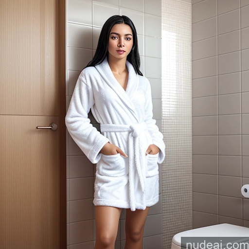 ai nude image of arafed woman in a white robe standing in a bathroom pics of Woman Short One 18 Black Hair Portuguese 3d Bathroom Bathrobe Detailed