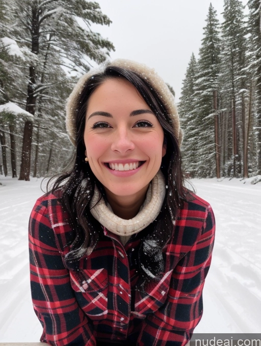 ai nude image of smiling woman in plaid shirt and hat sitting on a bench in the snow pics of Woman Small Tits Skinny Pubic Hair 30s Happy Black Hair Native American Snow Lumberjack