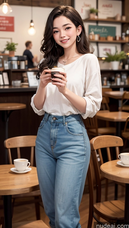 ai nude image of araffe woman standing in a cafe holding a cell phone pics of 18 Happy Slicked Casual Cafe