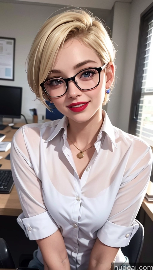 ai nude image of blond woman with glasses and a white shirt sitting at a desk pics of 18 Happy Blonde Small Tits Office Skinny Pixie Shirt Glasses Lipstick