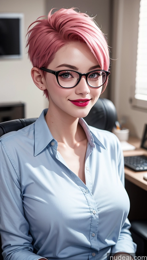 ai nude image of there is a woman with pink hair and glasses sitting in a chair pics of 18 Happy Small Tits Office Skinny Pixie Shirt Glasses Lipstick Pink Hair