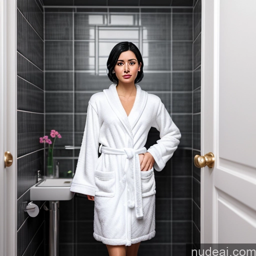 ai nude image of arafed woman in a white robe standing in a bathroom pics of Woman One Short 20s Black Hair Greek 3d Bathroom Bathrobe Jewelry Detailed