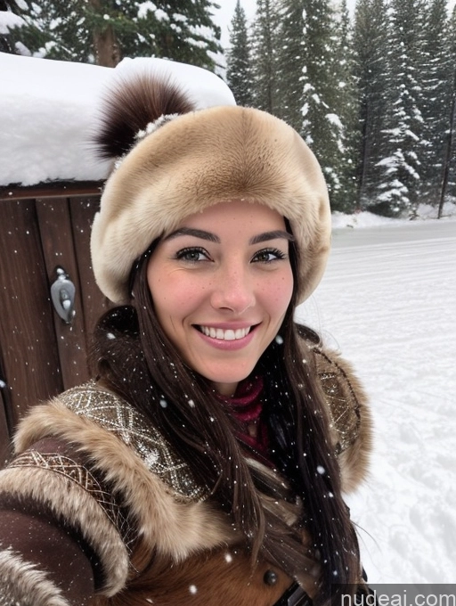 ai nude image of smiling woman in fur hat taking selfie in snowy area pics of Woman Skinny Pubic Hair 30s Happy Black Hair Native American Snow Viking