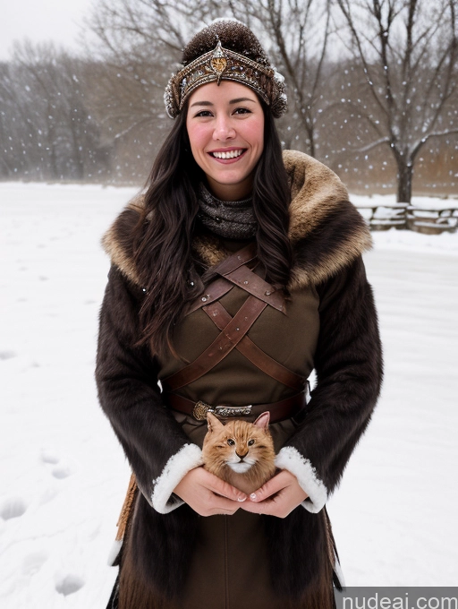 ai nude image of woman in brown coat holding a cat in snow covered field pics of Woman Skinny Pubic Hair 30s Happy Black Hair Native American Snow Viking