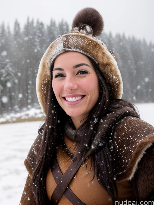 ai nude image of smiling woman in winter coat and hat standing in snow covered field pics of Woman Skinny Pubic Hair 30s Happy Black Hair Native American Snow Viking