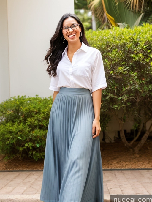 ai nude image of arafed woman in a white shirt and blue skirt standing on a sidewalk pics of Woman Glasses Beautiful 20s Happy Black Hair Long Hair Brazilian Front View Long Skirt Shirt