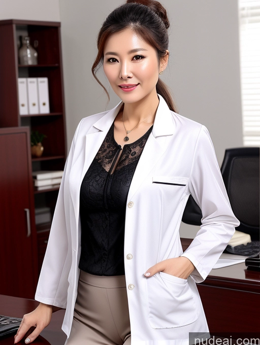 ai nude image of arafed woman in a white lab coat standing in front of a computer pics of Milf Perfect Boobs Beautiful Perfect Body 70s Chinese Blouse Bra Jacket Stylish Cleavage Partially Nude Detailed Office Doctor Lab Coat Hair Bun