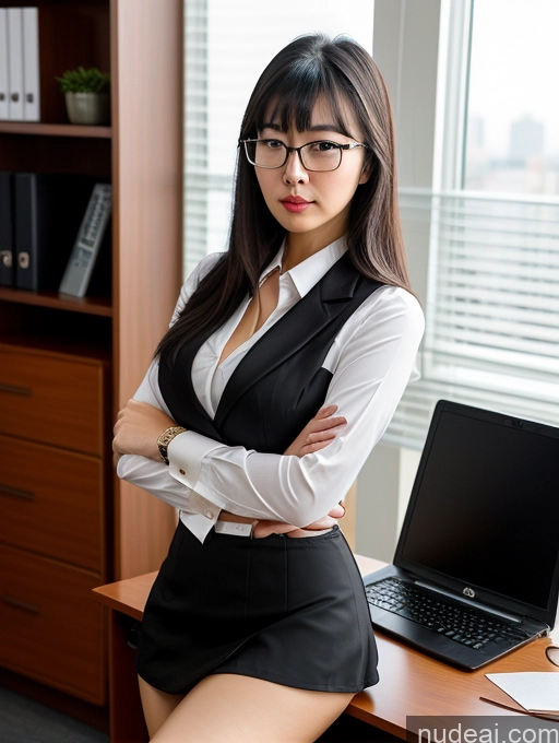 ai nude image of there is a woman in a black skirt and white shirt posing for a picture pics of Woman Beautiful Perfect Boobs 20s Serious Black Hair Chinese Bangs Glasses Office Secretary Micro Skirt