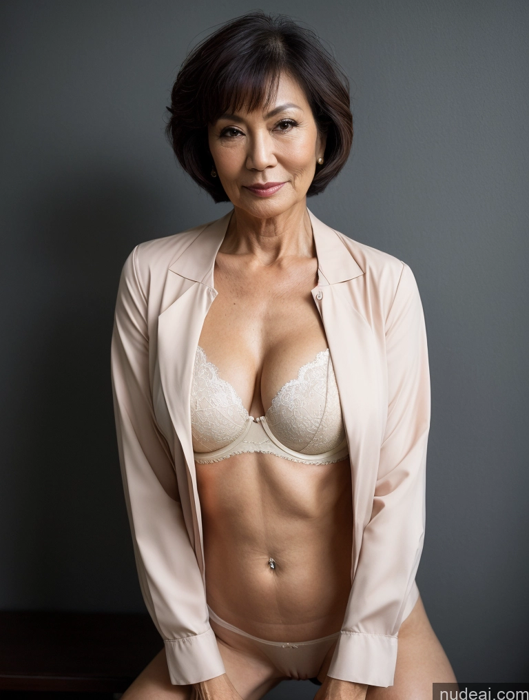 ai nude image of arafed woman in a pink shirt and panties posing for a picture pics of Milf Perfect Boobs Beautiful Perfect Body 70s Blouse Bra Jacket Professor Stylish Cleavage Partially Nude Dark Lighting Detailed Straddling Short Hair Japanese