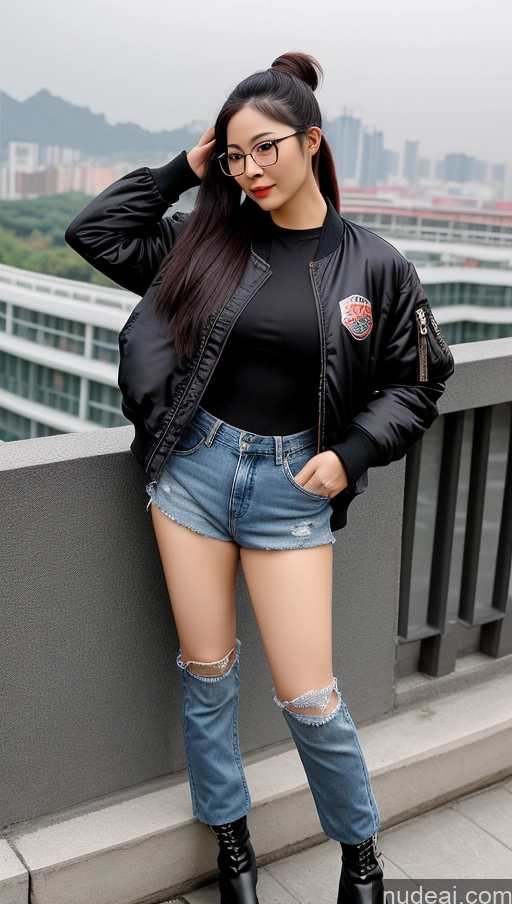 ai nude image of araffed woman in black jacket and ripped jeans posing on a balcony pics of Short Pubic Hair Chinese Glasses Thick Dark Fantasy Sexy Face Pigtails Boots Bomber Jeans