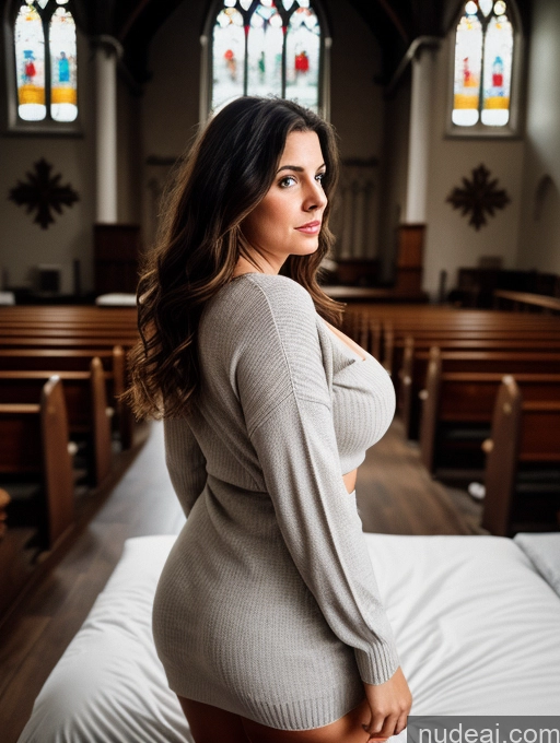 ai nude image of araffe woman in a church with a large breast pics of Busty Big Ass Chubby Big Hips Fairer Skin 30s Brunette Messy White Film Photo Dark Lighting Detailed Church Dress Sweater Cleavage Back View