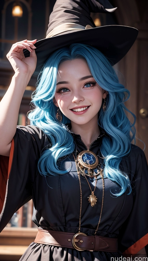 ai nude image of arafed woman with blue hair wearing a black hat and a black dress pics of Witch 18 Happy Slicked Blue Hair