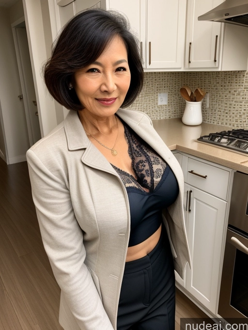 ai nude image of there is a woman standing in a kitchen with a stove pics of Milf Two Perfect Boobs Beautiful Perfect Body Bobcut Chinese Kitchen Bra Jacket Professor Stylish Suit Cleavage Detailed Sexy Face 70s