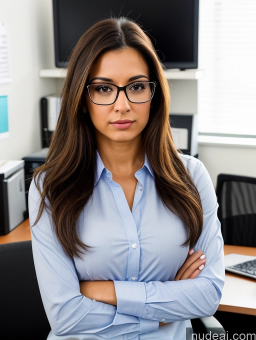 ai nude image of arafed woman in glasses standing in front of a computer desk pics of Woman Beautiful Glasses 20s Serious Brunette Long Hair Latina Office Front View Casual Secretary