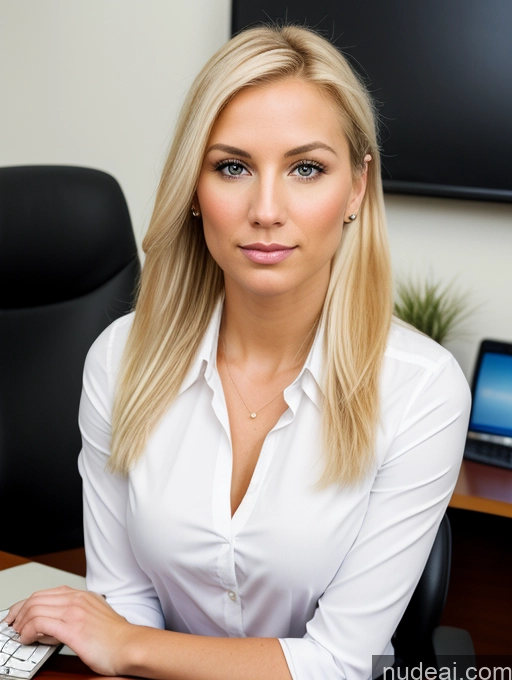 ai nude image of blond woman sitting at a desk with a laptop and a keyboard pics of Woman Beautiful 20s Serious Office Front View Casual Secretary White Ponytail Blonde